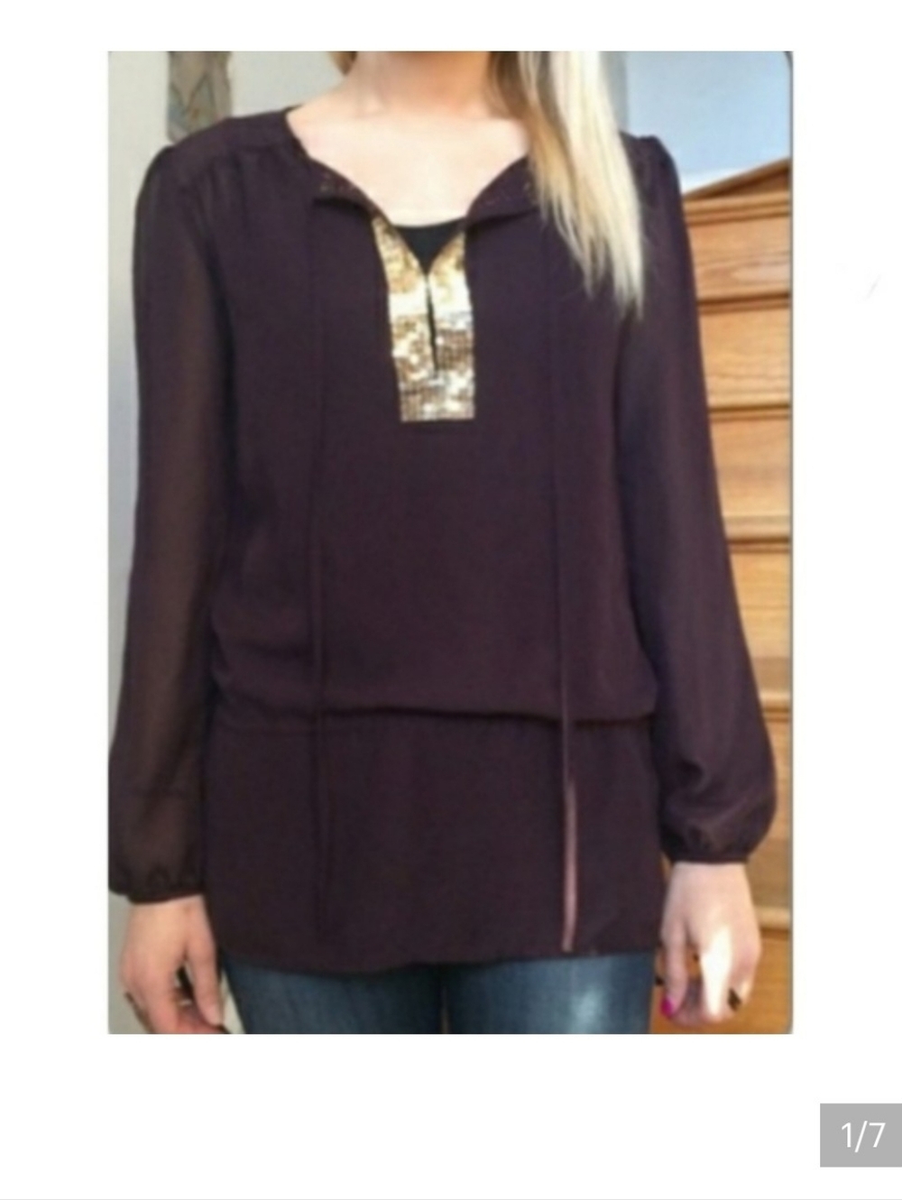 Women’s Dark Plum Sheer Blouse with Gold Sequin Placket